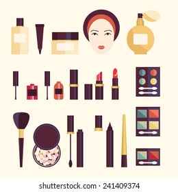 Vector cosmetics set in flat style. Flat icon set of cosmetics product. Vector flat design of make up. Vector flat design of make up procedure. Make up. Make up elements. Make up vector details. 