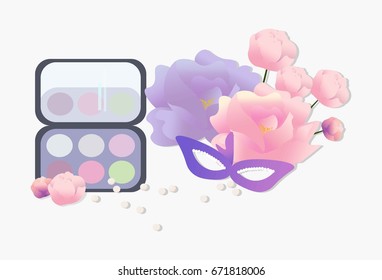 Vector Cosmetics set. Floral Perfume collection, blush, lipstick, lip balm. Perfect for advertising, flyer, banner, poster. 2d illustration