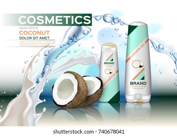 Vector Cosmetics set package with coconut. Hydration shampoo and conditioner with coconut water. Perfect for advertising, flyer, banner, poster. 3d illustration