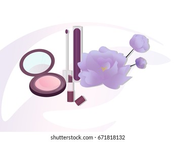 Vector Cosmetics set package. Floral Perfume collection, blush, lipstick, lip balm. Perfect for advertising, flyer, banner, poster. 2d illustration