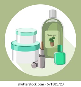 Vector Cosmetics set package. Hydration cream and lotion, shampoo, nail polish, lip balm. Perfect for advertising, flyer, banner, poster. 2d illustration