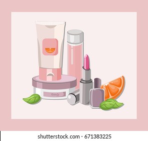 Vector Cosmetics set package. Hydration cream and lotion, shampoo, nail polish, lip balm. Perfect for advertising, flyer, banner, poster. 2d illustration