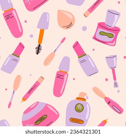 Vector Cosmetics Set.Doodle Pattern.Hand Drawn Beauty. Background for your design.Cosmetics cream jars,lipstick,nail polish, pink collection seamless pattern. Comic doodle sketch style. EPS 10