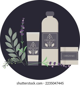 vector cosmetics. Shampoo, cream and plants near it. In lavender colors