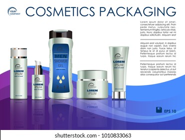 Vector cosmetics template with creme box, creme tube, shower gel, and soap in blue color