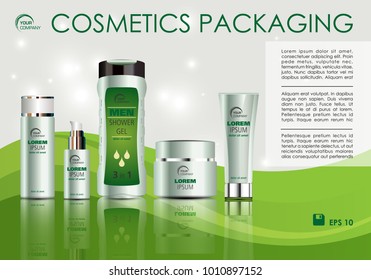 Vector cosmetics template with creme box, creme tube, shower gel, and soap in green color