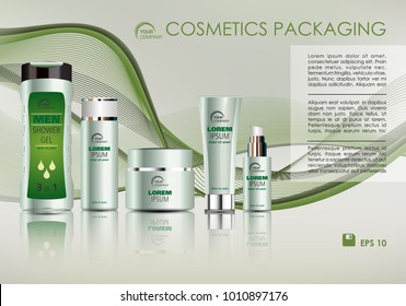 Vector cosmetics template with creme tube, shower gel, and creme box soap in green color