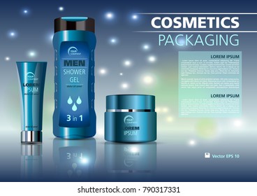 Vector cosmetics template with creme tube, shower gel and creme box in blue color