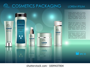 Vector cosmetics template with shower gel, creme tube, and creme box soap in blue color