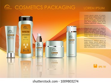 Vector cosmetics template with shower gel, creme tube, and creme box soap in gold color