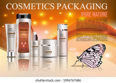 Vector cosmetics template with shower gel, creme tube, and creme box soap in orange color with butterfly