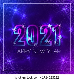 Vector cosmic banner with neon 2021 with stars and text Happy New Year on dark blue textured background. Square futuristic christmas poster.