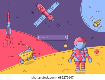 Vector cosmic flat line illustration. Space landscape with an astronaut on the moon and flying spaceships. For web templates, schoolbook, cosmonautics day poster. 
