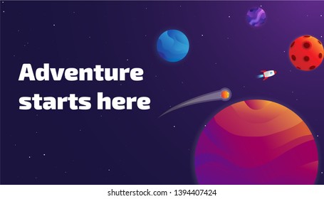 Vector cosmic illustration banner template with colourful planets, moon, asteroids, comets and spaceship on deep blue gradient background with stars
