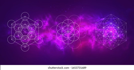 Vector cosmic illustration. Colorful space background with sacred geometry symbols