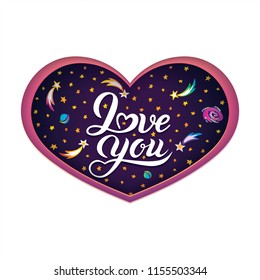 Vector cosmic illustration. Heart of falling stars, planets, comets, galaxies on white background. Heart in universe. Space design. Lettering text Love you in heart shape. T shirt design. Paper art