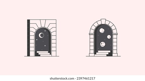 Vector cosmic logo design templates with portal,steps,planets,outer space,moon and stars.Surreal abstract illustrations in trendy minimal outline style.Celestial emblems.Branding design templates.