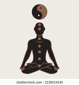 Vector Cosmic Man Meditating with Ying and Yang Symbol, Celestial Human Relaxing Illustration for Cards, Posters,Banners, Flyers and more.