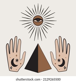 Vector Cosmic Pyramid Symbol with Sun and Hands on Plain Background. Abstract Bohemian Icons and Symbols Design Elements for Prints,Posters,Flyers,Cards and more.
