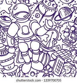 Vector cosmic seamless pattern. Space in cartoon style. Art line doodle illustration. Graphic set of planet, astronaut, rocket, star, moon. Hand drawn simple design, white background Fantasy wallpaper