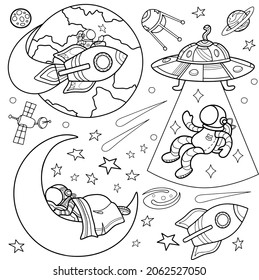 Vector. Cosmic Set. Coloring Book For Children And Adults