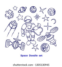 Vector cosmic set of space in cartoon style. Futuristic art line doodle illustration Graphic collection of planet, rocket, star, moon Simple hand drawn design, white background Fantasy cosmo isolate 