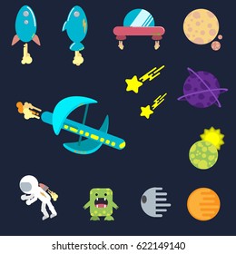 Vector cosmic set: spaceship, planets, alien and astronaut. For games. Flat design