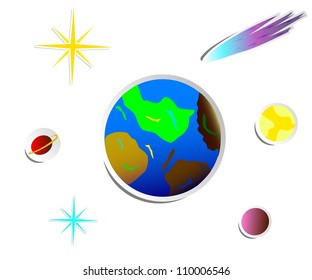Vector cosmic stickers of earth, stars and planets