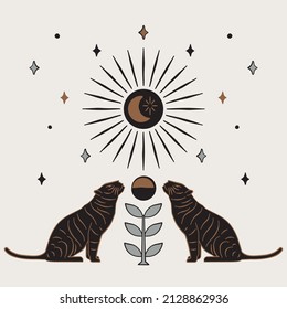 Vector Cosmic Tiger with Sun Energy Illustration on Light Background featuring Celestial Tigers.Boho inspired Tiger Design for Posters, Cards,Prints, Banners and Flyers.