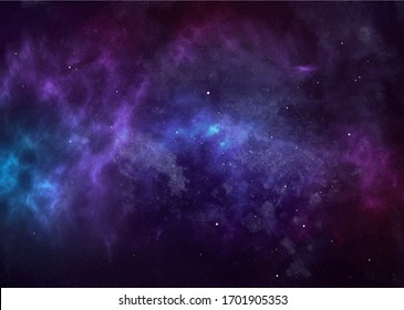 Vector cosmic watercolor illustration. Colorful space background with stars