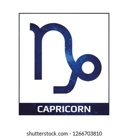 Vector. Cosmic zodiac sign Capricorn on a white background with title. Detailed stylish icon for cards. Modern style drawing. Simple geometric style