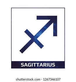 Vector. Cosmic zodiac sign Sagittarius on a white background with title. Detailed stylish icon for cards. Modern style drawing. Simple geometric style