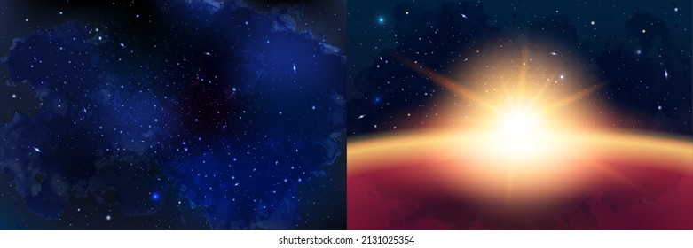 Vector Cosmology Illustration with Universe, Galaxy, Sun, Planets and Stars. Can be used for Invitation or Booklet. Futuristic view with Depth and Space Background