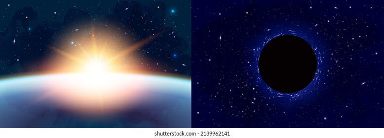 Vector Cosmology Illustration with Universe, Galaxy, Sun, Planets and Stars. Can be used for Invitation or Booklet. Futuristic view with Depth and Space Background