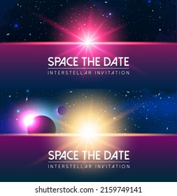 Vector Cosmology Illustration with Universe, Galaxy, Sun, Planets and Stars. Can be used for Invitation or Booklet. Futuristic view with Depth and Space Background