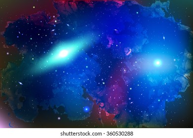 Vector Cosmology Illustration with Universe, Galaxy, Sun, Planets and Stars. Can be used for Invitation or Booklet. Futuristic view with Depth and Space Background