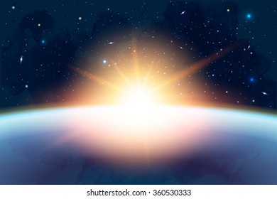 Vector Cosmology Illustration with Universe, Galaxy, Sun, Planets and Stars. Can be used for Invitation or Booklet. Futuristic view with Depth and Space Background