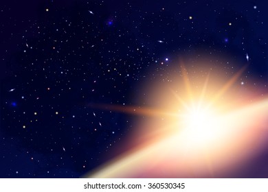 Vector Cosmology Illustration with Universe, Galaxy, Sun, Planets and Stars. Can be used for Invitation or Booklet. Futuristic view with Depth and Space Background