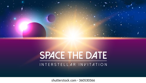 Vector Cosmology Illustration with Universe, Galaxy, Sun, Planets and Stars. Can be used for Invitation or Booklet. Futuristic view with Depth and Space Background