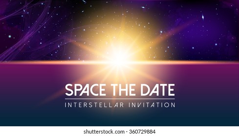 Vector Cosmology Illustration with Universe, Galaxy, Sun, Planets and Stars. Can be used for Invitation or Booklet. Futuristic view with Depth and Space Background