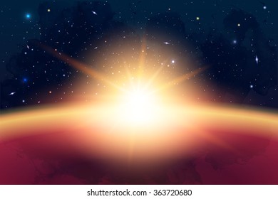 Vector Cosmology Illustration with Universe, Galaxy, Sun, Planets and Stars. Can be used for Invitation or Booklet. Futuristic view with Depth and Space Background