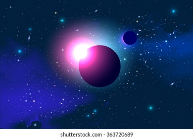 Vector Cosmology Illustration with Universe, Galaxy, Sun, Planets and Stars. Can be used for Invitation or Booklet. Futuristic view with Depth and Space Background