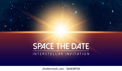 Vector Cosmology Illustration with Universe, Galaxy, Sun, Planets and Stars. Can be used for Invitation or Booklet. Futuristic view with Depth and Space Background