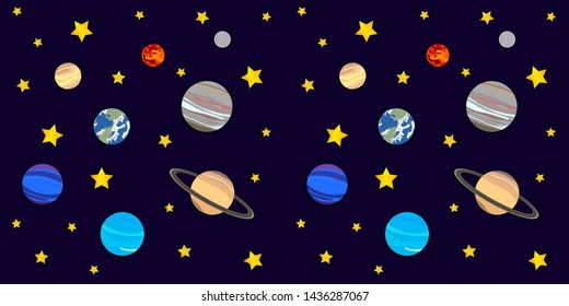 Vector Cosmos Background, Colorful Seamless Pattern, Planets and Stars on Dark Blue Backdrop, Illustration Template.