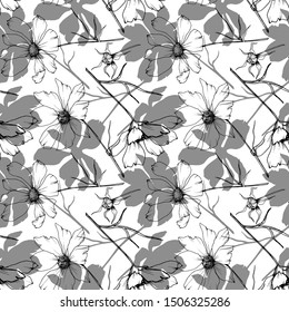 Vector Cosmos floral botanical flowers. Wild spring leaf wildflower isolated. Black and white engraved ink art. Seamless background pattern. Fabric wallpaper print texture.