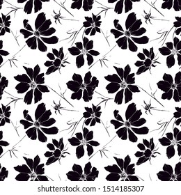 Vector Cosmos floral botanical flowers. Wild spring leaf wildflower isolated element. Black and white engraved ink art. Seamless background pattern. Fabric wallpaper print texture.