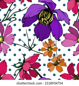 Vector Cosmos floral botanical flowers. Wild spring leaf wildflower isolated element. Black and white engraved ink art. Seamless background pattern. Fabric wallpaper print texture.