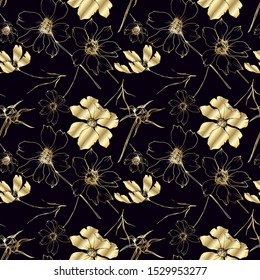 Vector Cosmos floral botanical flowers. Wild spring leaf wildflower isolated element. Black and white engraved ink art. Seamless background pattern. Fabric wallpaper print texture.