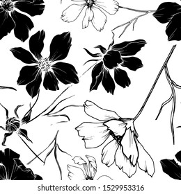 Vector Cosmos floral botanical flowers. Wild spring leaf wildflower isolated element. Black and white engraved ink art. Seamless background pattern. Fabric wallpaper print texture.
