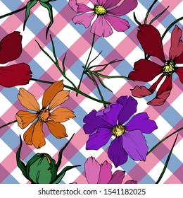 Vector Cosmos floral botanical flowers. Wild spring leaf wildflower isolated element. Black and white engraved ink art. Seamless background pattern. Fabric wallpaper print texture.